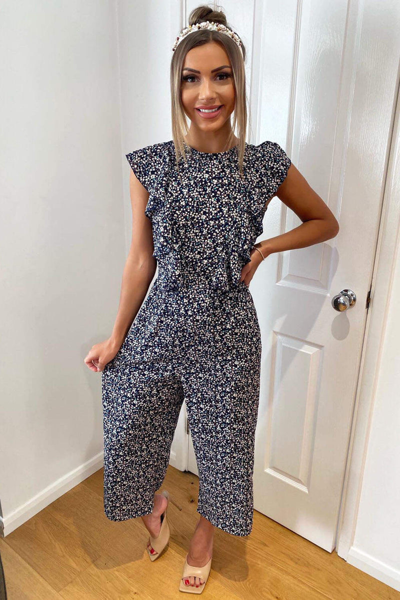Navy Floral Frill Front Jumpsuit
