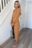 Mocha Wrap Over Elasticated Cuff Belted Jumpsuit