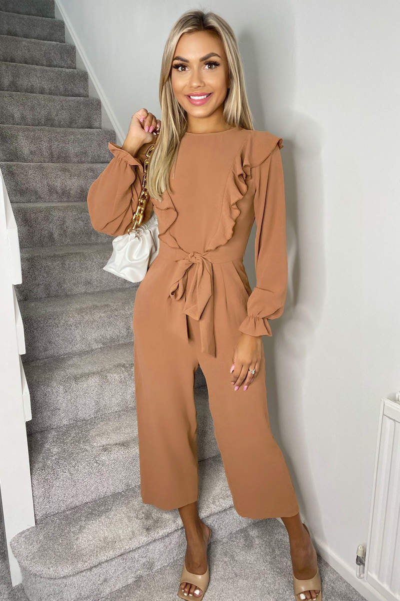 Mocha Frill Front Long Sleeve Jumpsuit