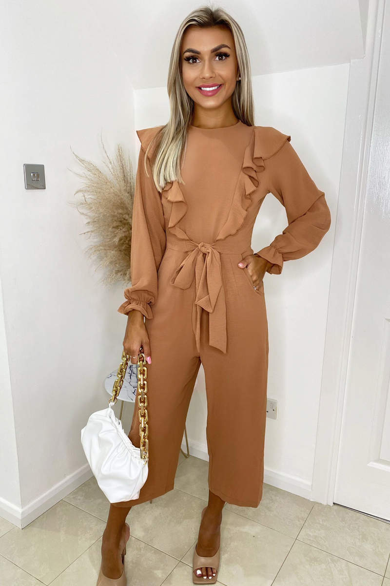 Mocha Frill Front Long Sleeve Jumpsuit