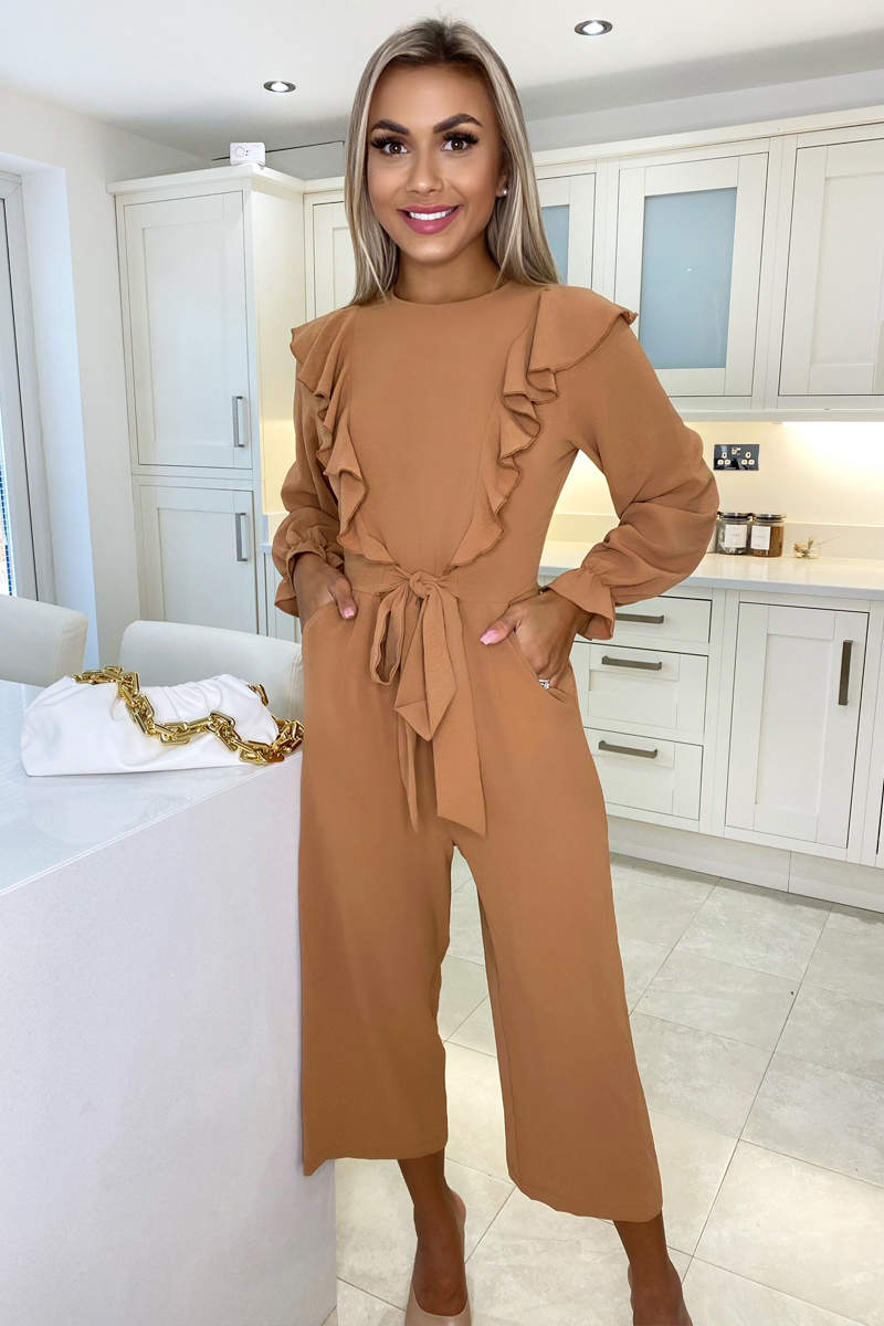 Mocha Frill Front Long Sleeve Jumpsuit