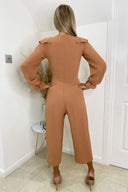 Mocha Frill Front Long Sleeve Jumpsuit