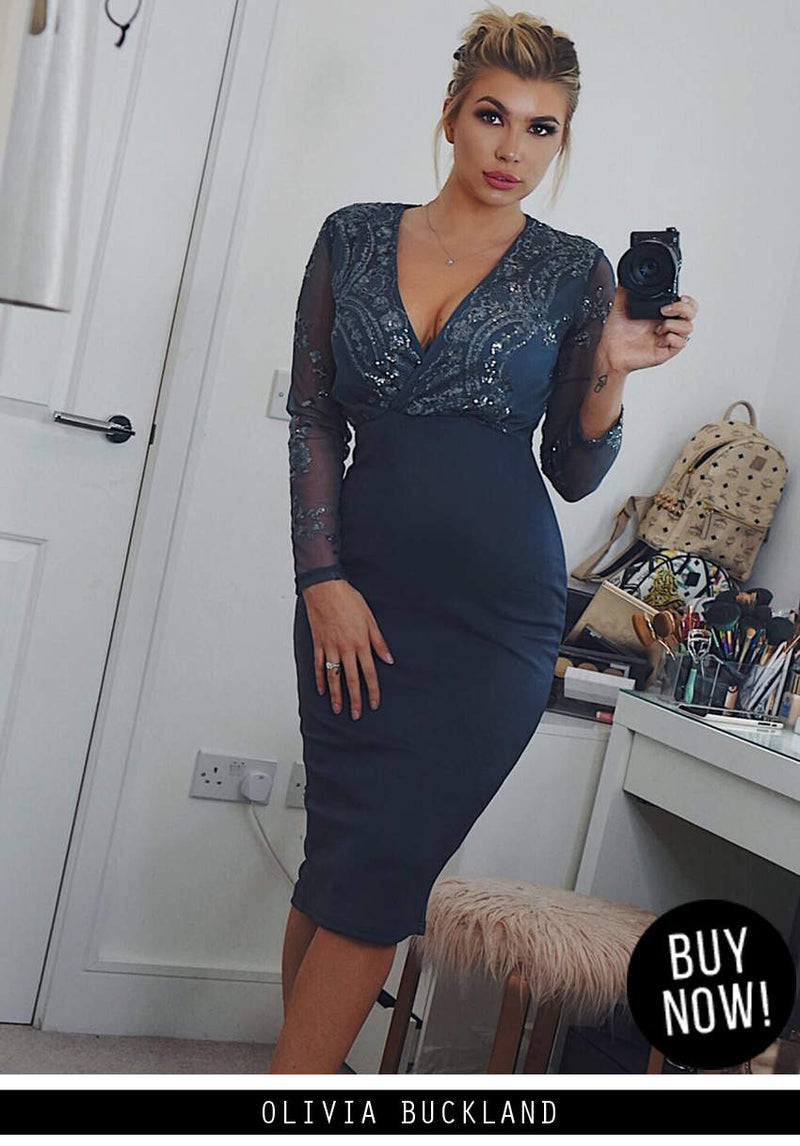 Pewter Sequined Crossover Bodycon Dress