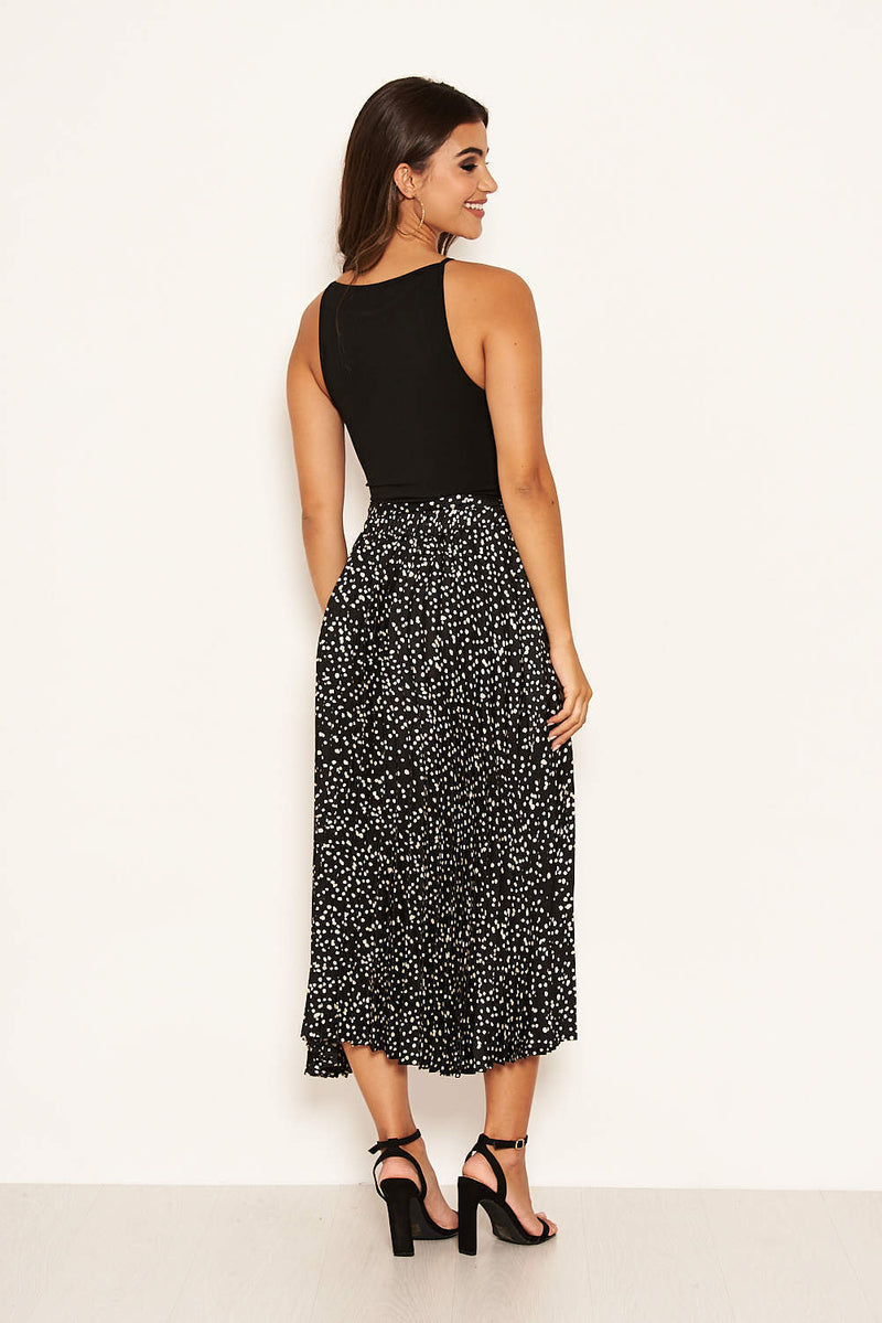 Black Spotty Pleated Midi Skirt