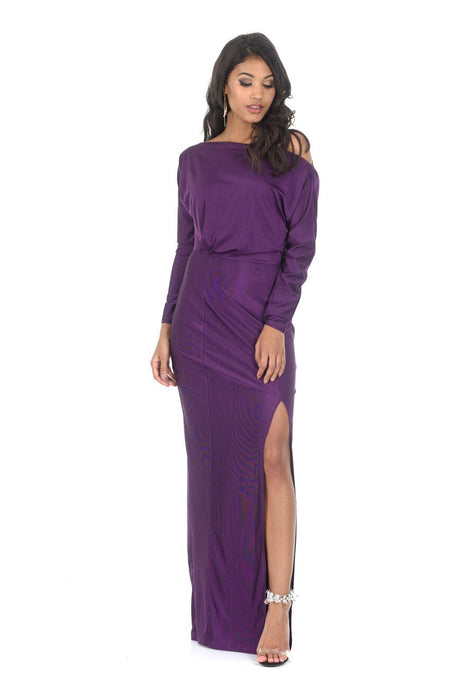 Plum Long Sleeve Thigh Split Maxi Dress