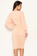 Peach Flared Sleeve V Neck Ruched Midi Dress