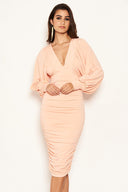 Peach Flared Sleeve V Neck Ruched Midi Dress