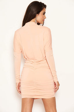 Peach Long Sleeve Back Ruched Bodycon Dress
