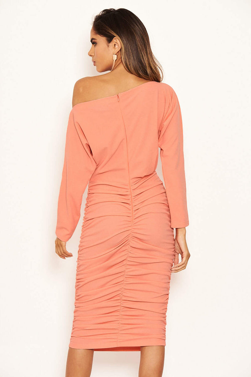 Peach Off Shoulder Ruched Dress