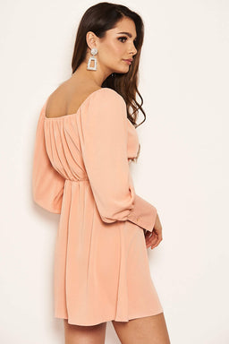 Peach Tie Neckline Long Sleeve Dress