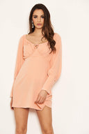 Peach Tie Neckline Long Sleeve Dress