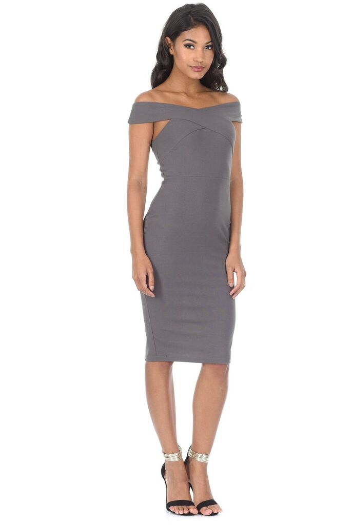 Pewter Cross Over Bardot Bodycon Dress