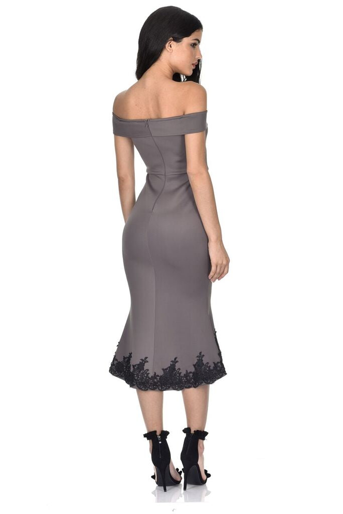 Pewter Off The Shoulder Lace Hem Dress