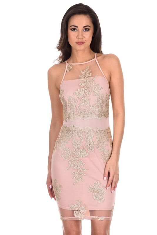Pink And Gold Mesh Embroidered Dress – AX Paris1