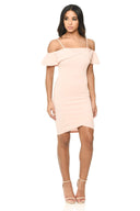 Pink Bodycon Midi Dress Featuring A Bardot Frill