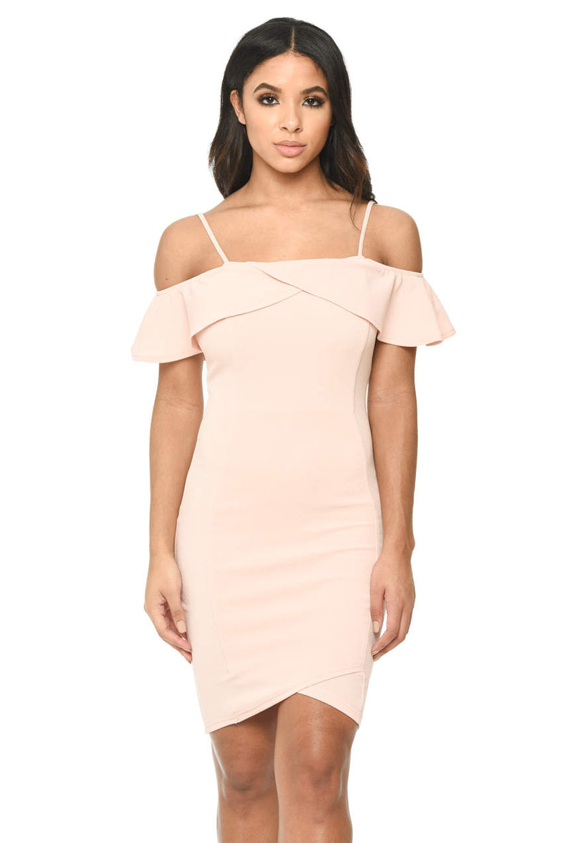 Pink Bodycon Midi Dress Featuring A Bardot Frill