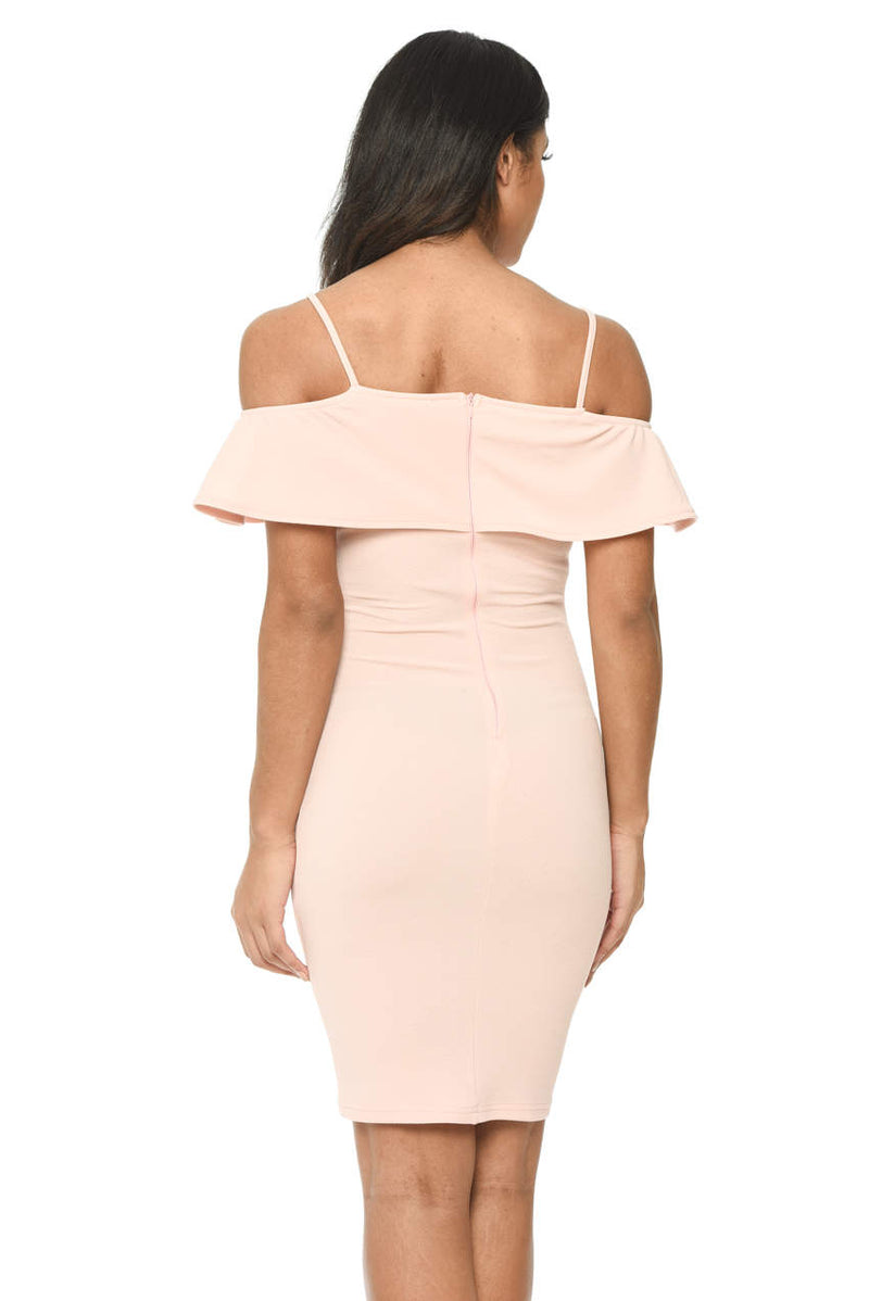 Pink Bodycon Midi Dress Featuring A Bardot Frill