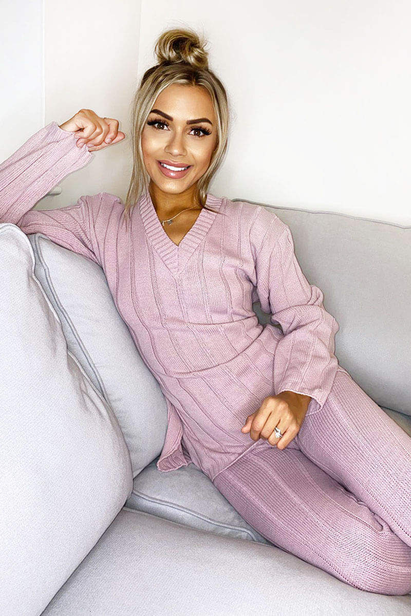 Pink Chunky Knit Tie Waist Lounge Suit