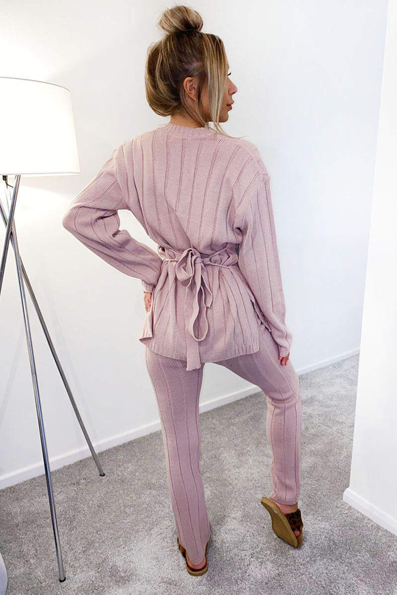 Pink Chunky Knit Tie Waist Lounge Suit