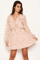 Pink Floral Lace up Front Frill Dress