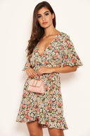 Pink Floral Wrap Frill Dress