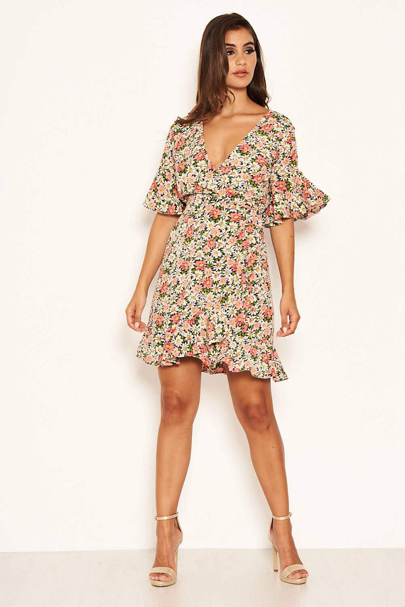 Pink Floral Wrap Frill Dress