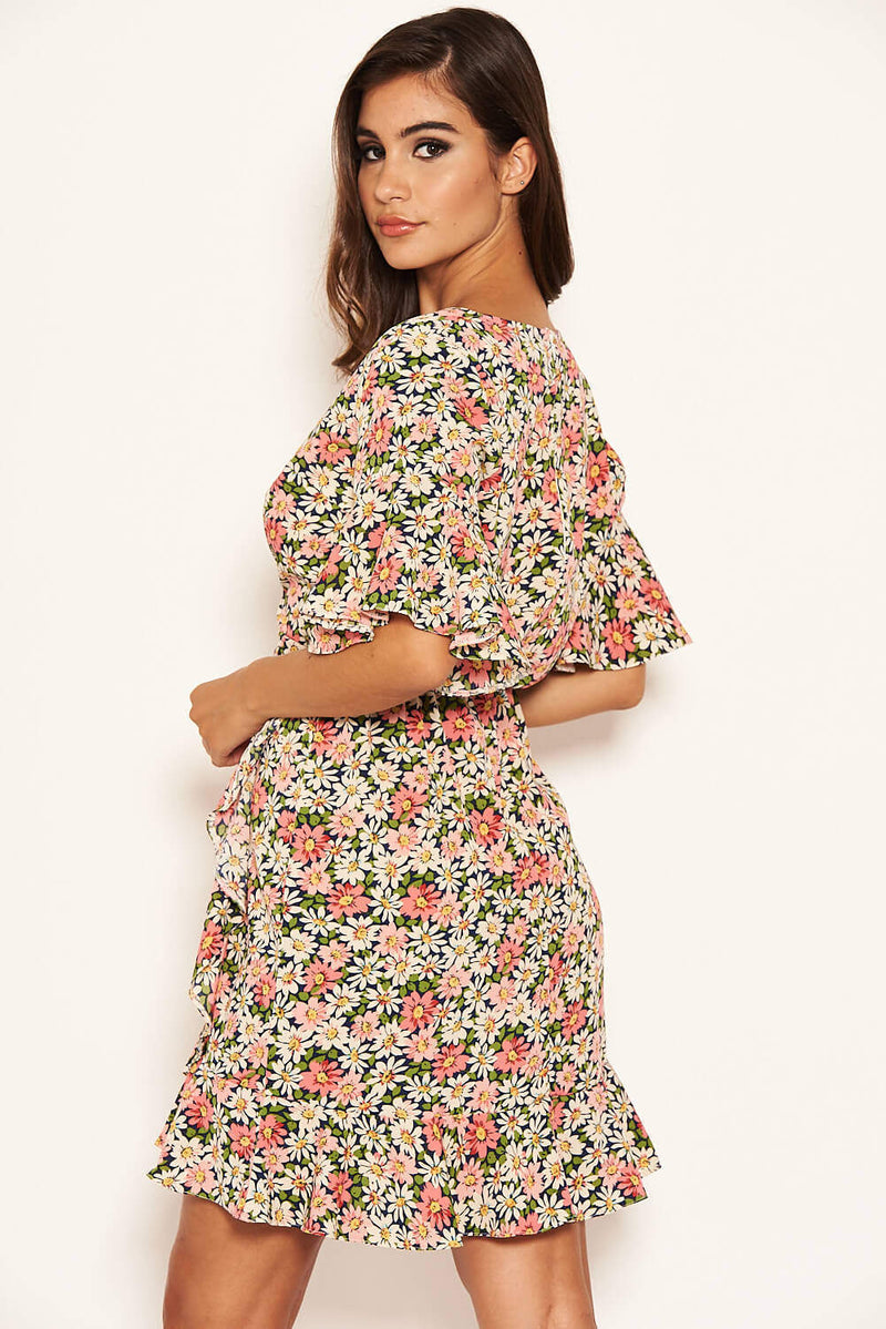 Pink Floral Wrap Frill Dress