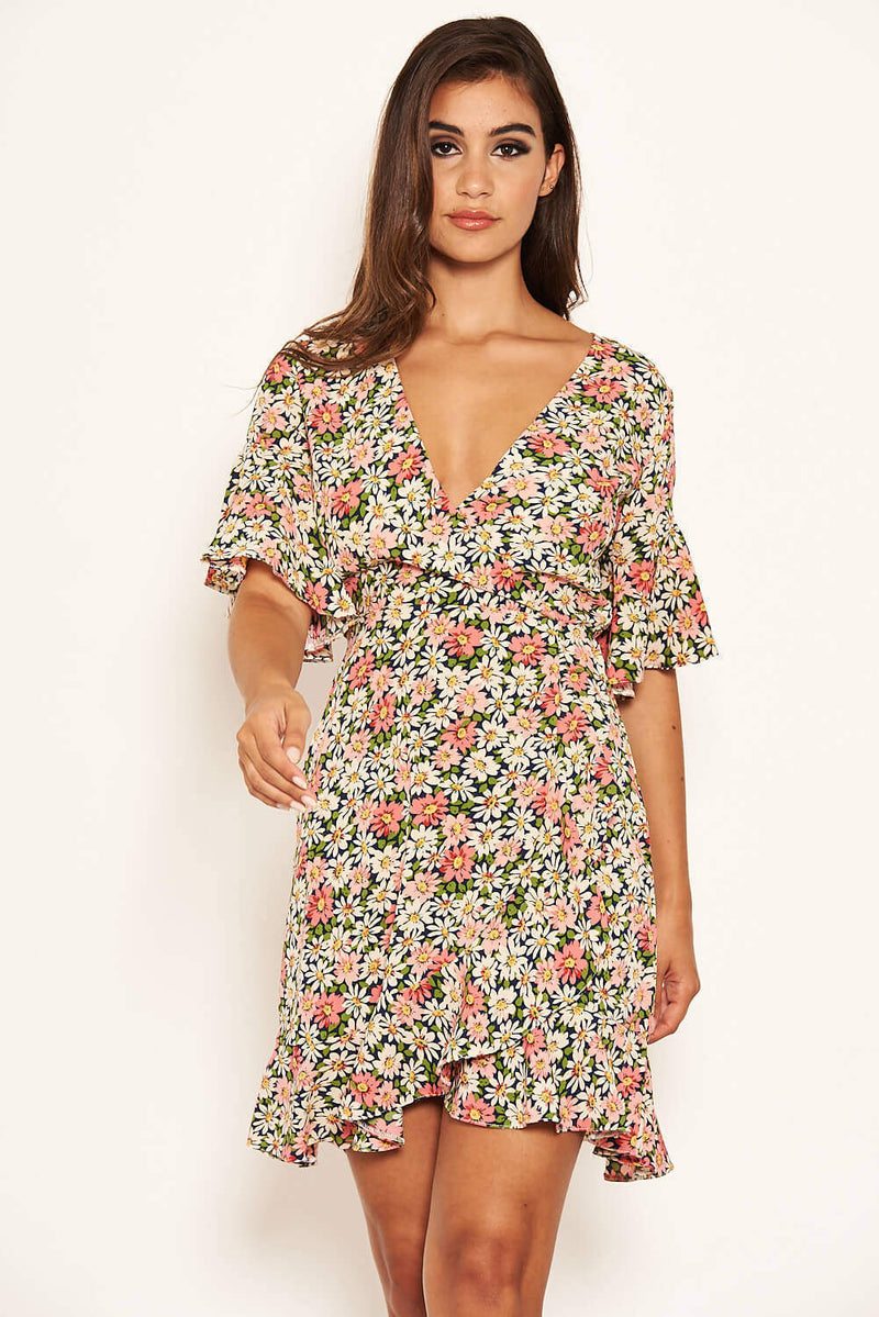 Pink Floral Wrap Frill Dress