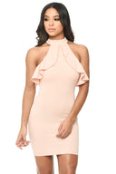 Pink High Neck Cold Shoulder Bodycon Dress With Frilled Detail