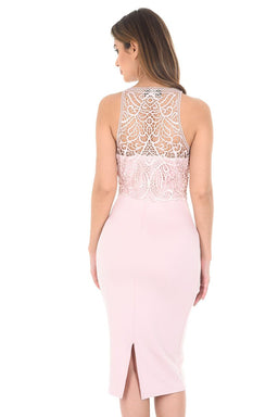 Pink High Neck Midi Length Bodycon Crochet Dress