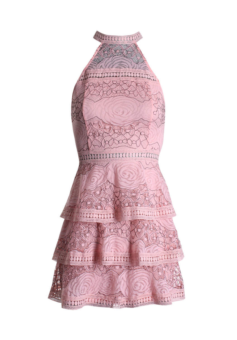 Pink Lace High Neck Tiered Dress