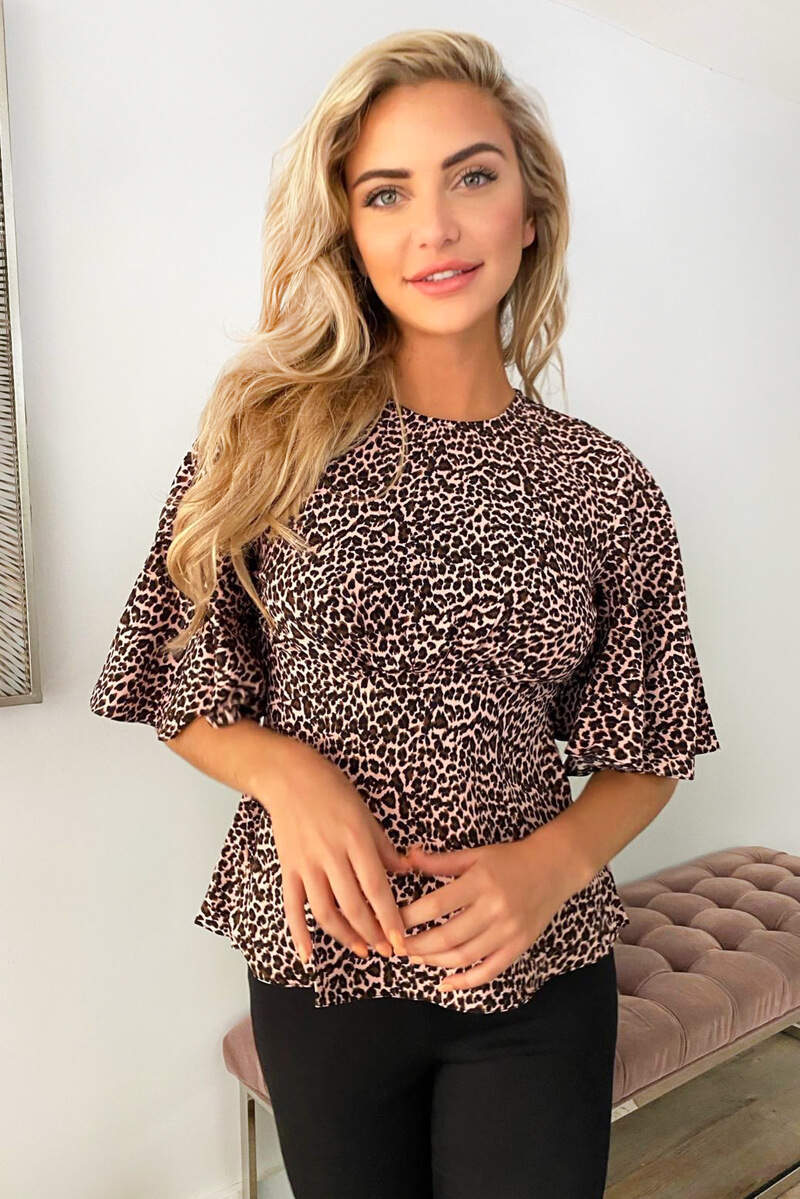 Pink Leopard Print Flared Blouse