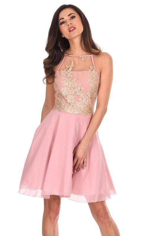 Pink Mesh Gold Embroidered Skater Dress