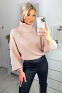 Pink Roll Neck Balloon Sleeve Knitted Jumper