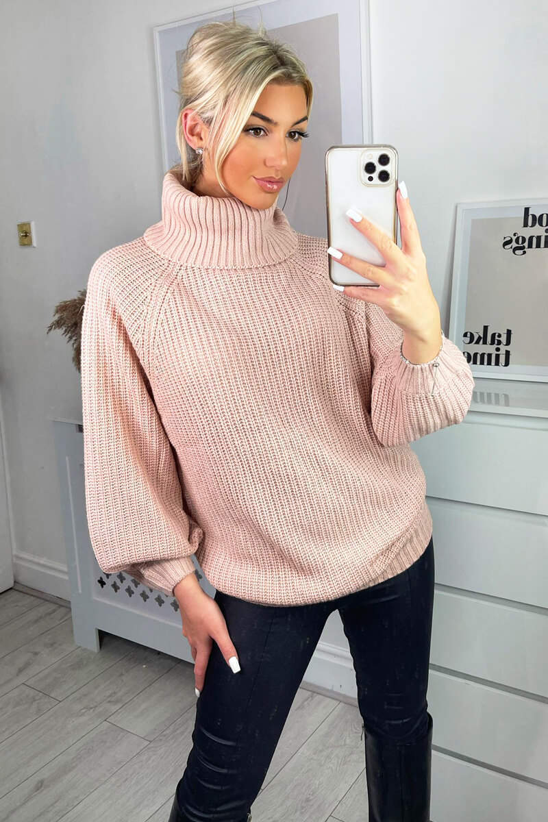 Pink Roll Neck Balloon Sleeve Knitted Jumper