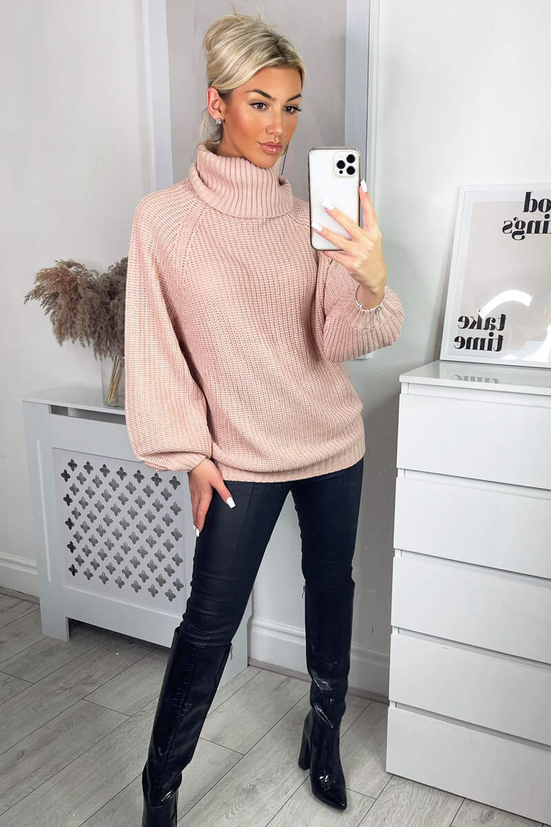 Pink Roll Neck Balloon Sleeve Knitted Jumper