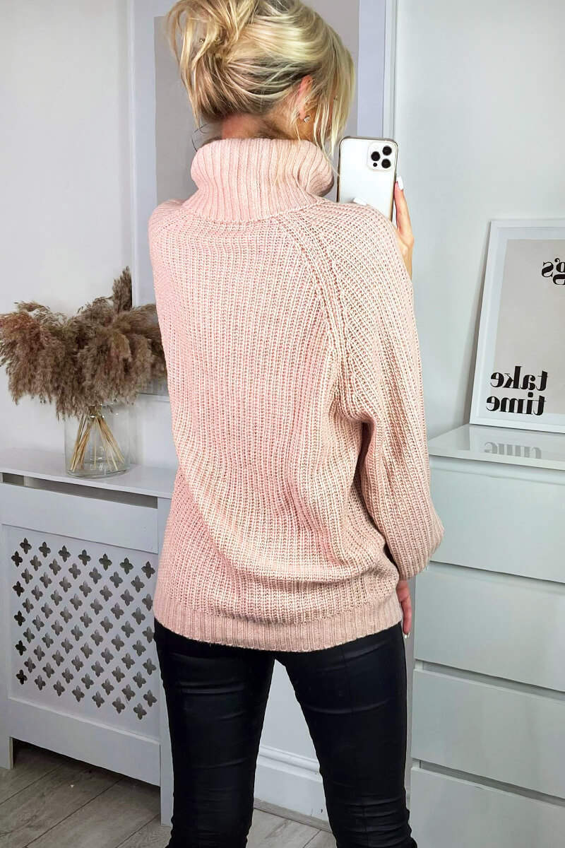 Pink Roll Neck Balloon Sleeve Knitted Jumper