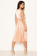 Pink Satin Pleated Wrap Dress