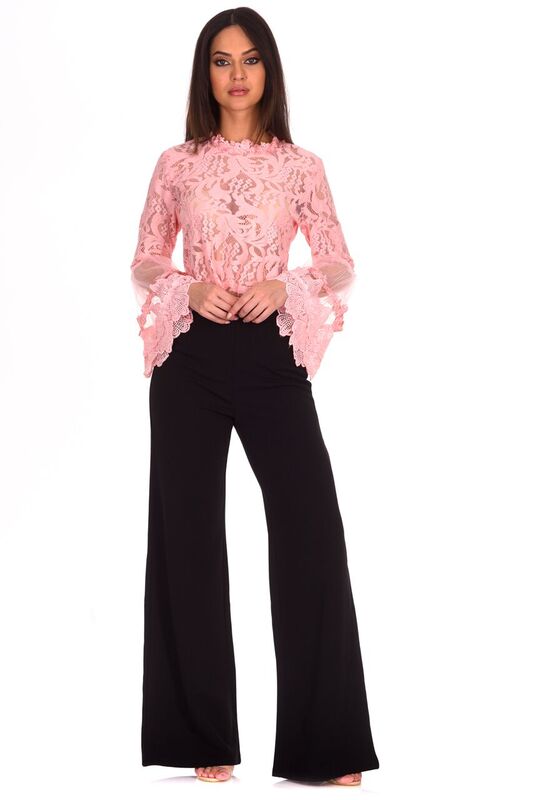 Pink Sheer Lace Long Sleeve Top