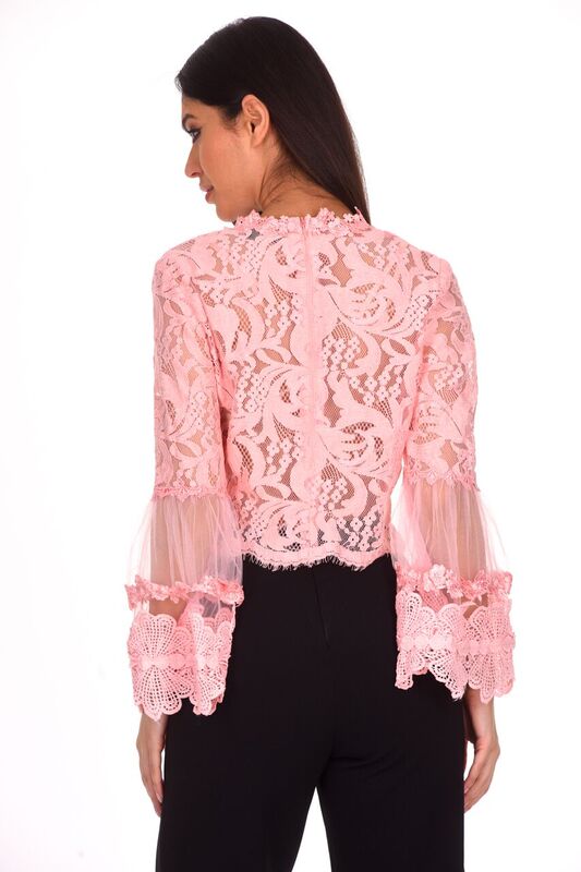 Pink Sheer Lace Long Sleeve Top