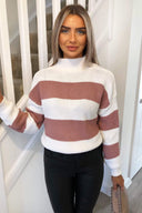 Pink Striped High Neck Knit Jumper