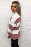 Pink Striped High Neck Knit Jumper