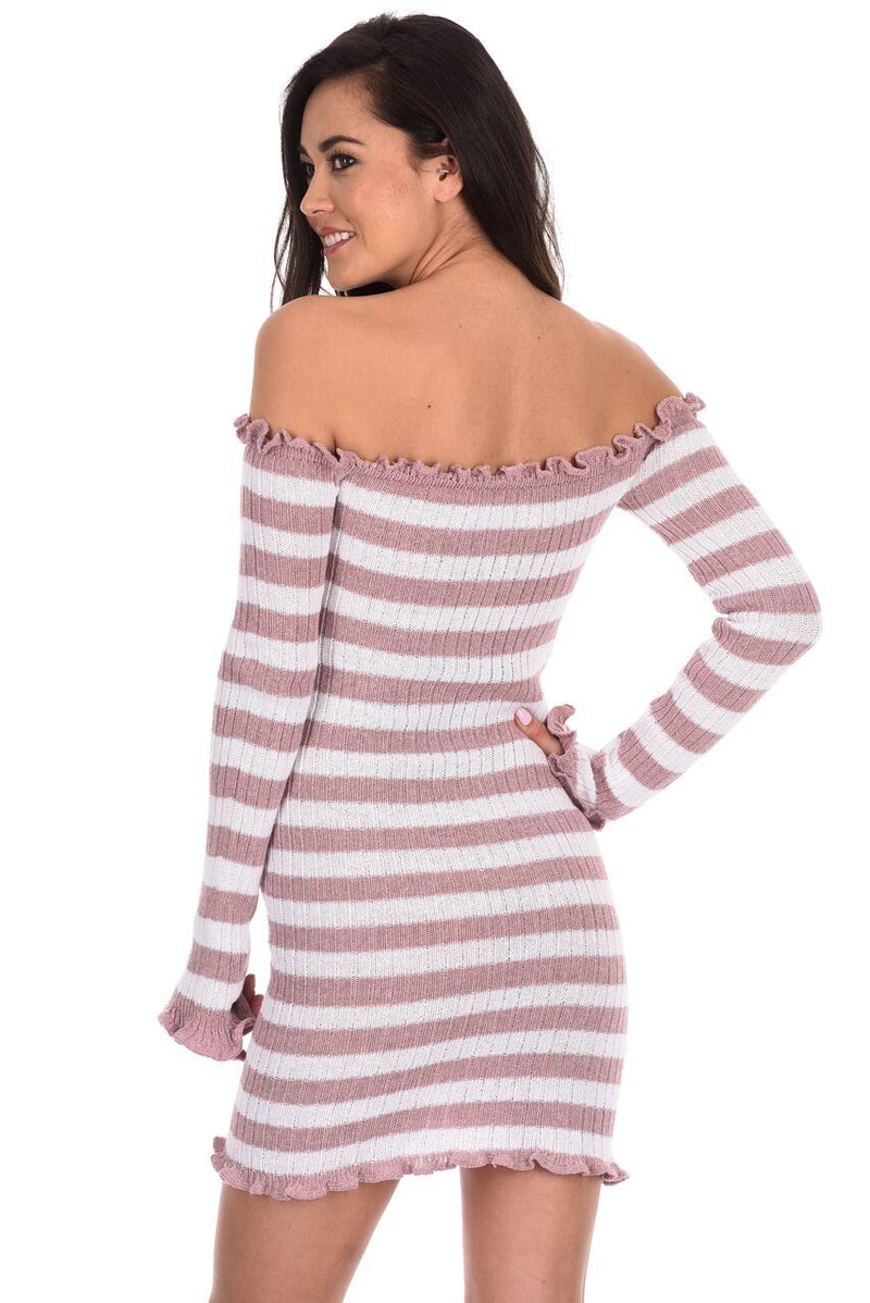 Pink Striped Off The Shoulder Knit Dress