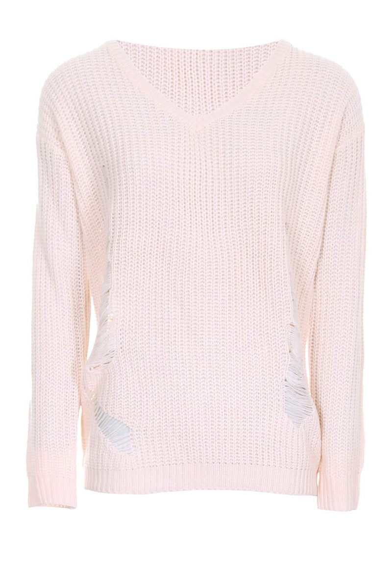 Pink V Neck Cable Knit Laddered Jumper