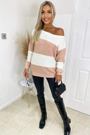 Pink and Cream Colour Block Wide Neck Knitted Jumper