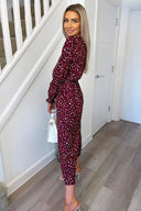 Plum Animal Print Elasticated Sleeve Jumpsuit