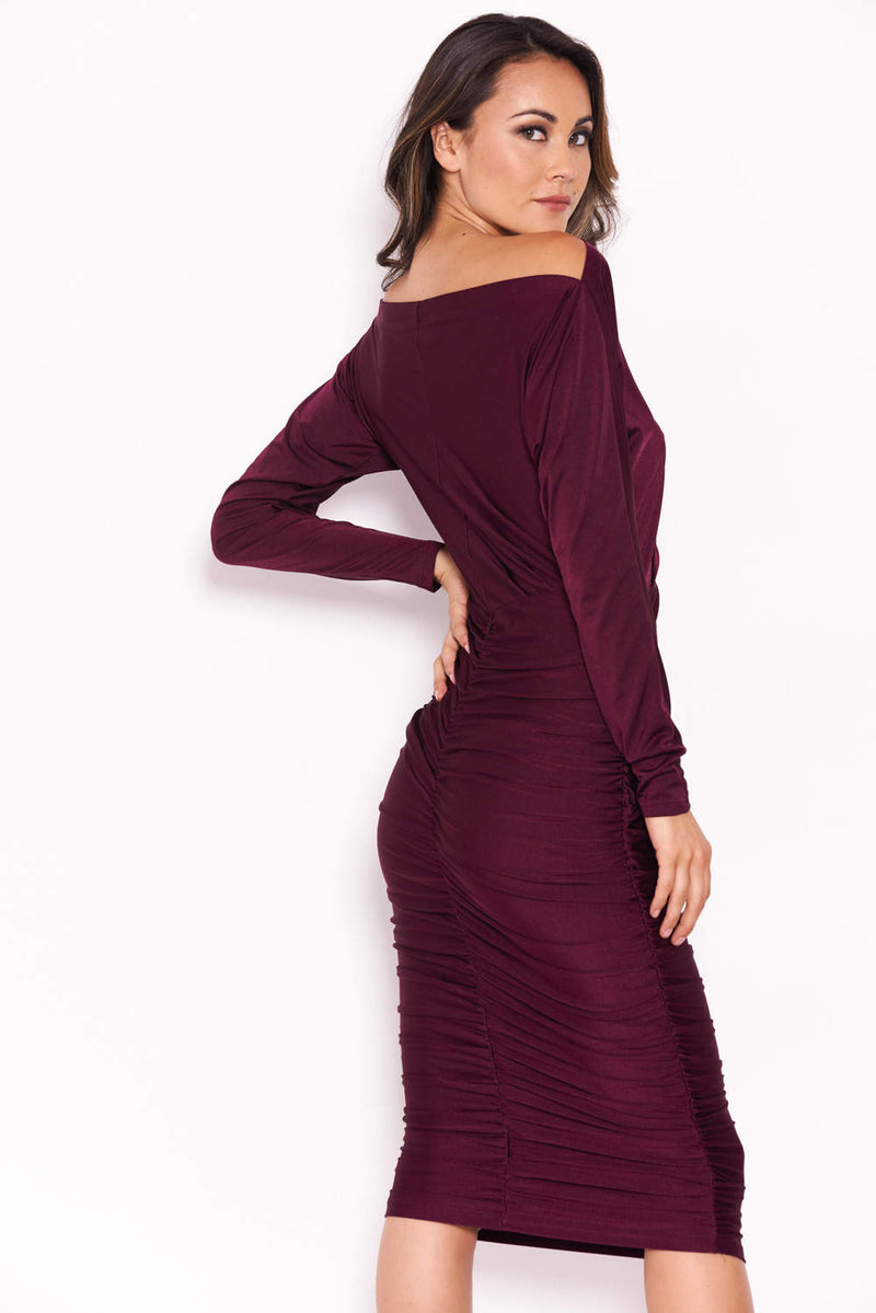 Plum Boat Neck Dress With Ruched Detail