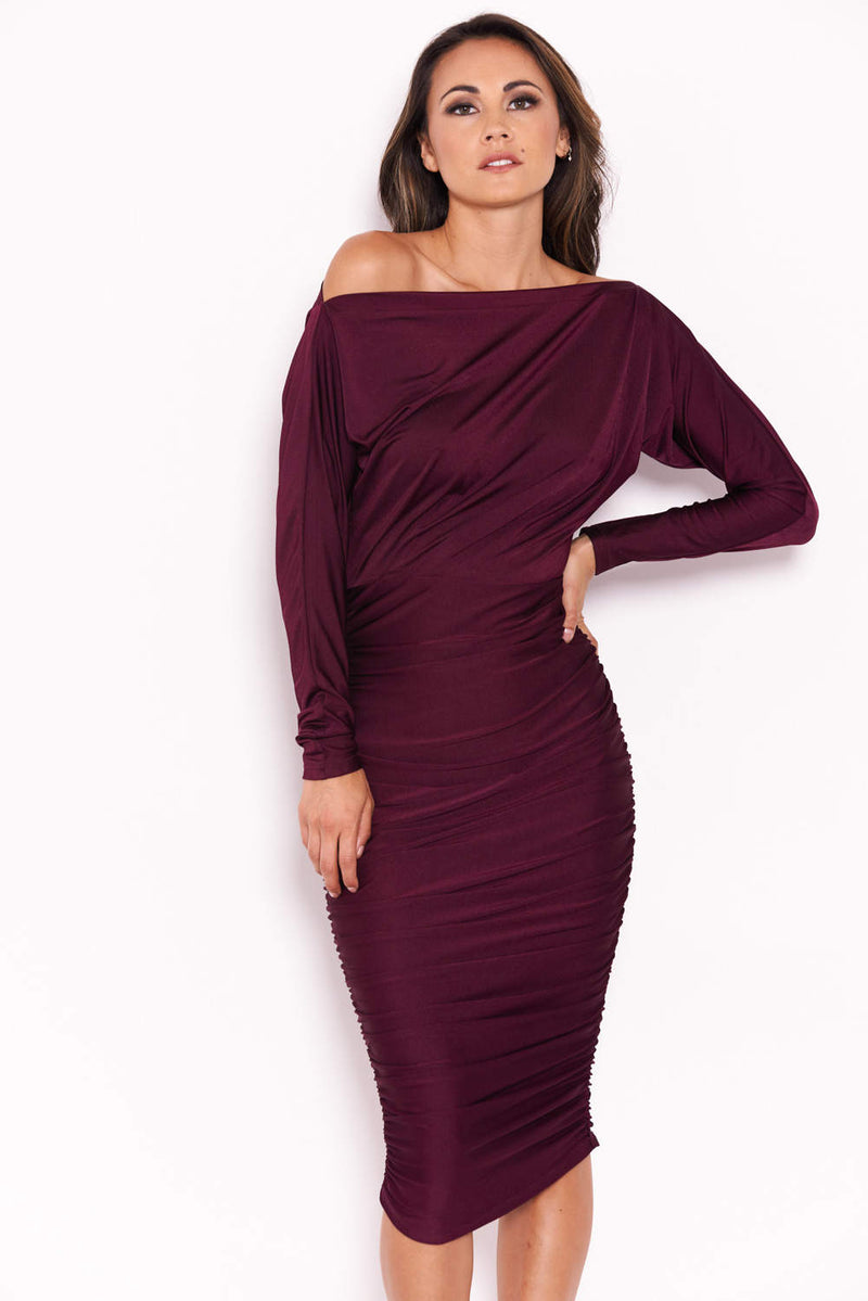 Plum Boat Neck Dress With Ruched Detail