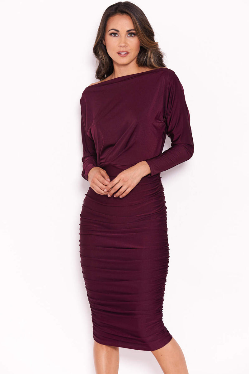 Plum Boat Neck Dress With Ruched Detail