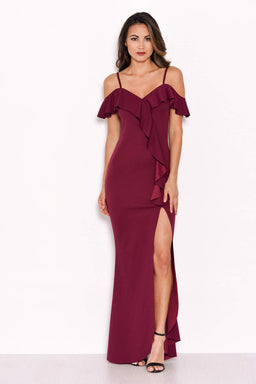 Plum Cold Shoulder Frill Detail Split Dress